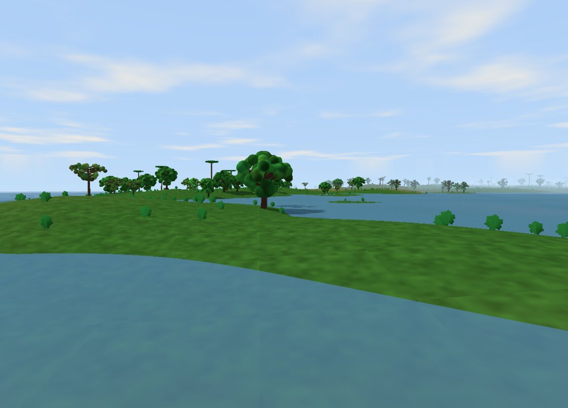 Grassland shoreline dotted with scattered trees