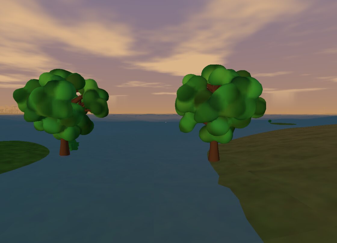 Two oak trees on a flooded coastline at golden hour