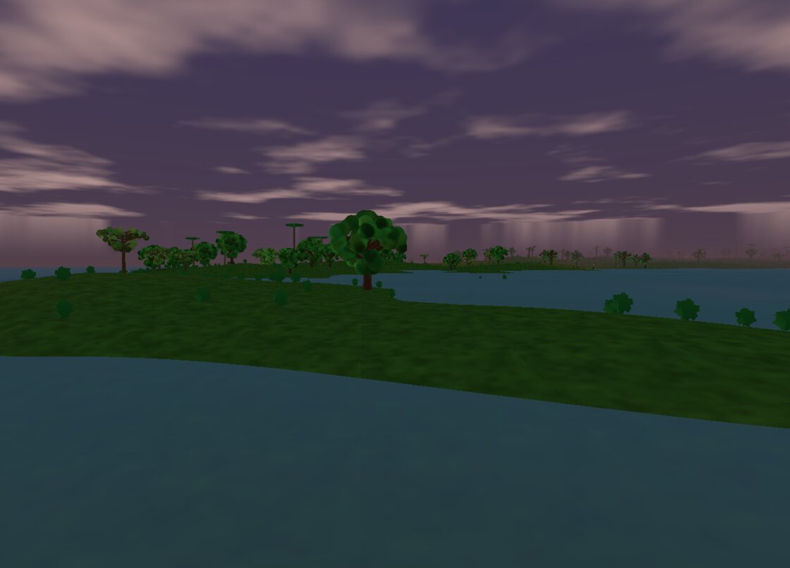 Tree-lined shoreline under a twilight sky
